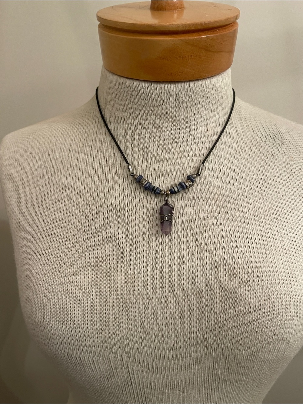 Vintage 1990’s Style Wire Wrapped Amethyst Crystal Black Cord Necklace - Picture 8 of 15